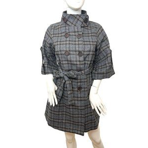 Hazel Women’s Plaid Peacoat S Grey Double Breasted 3/4 Sleeve Pockets Lined Belt